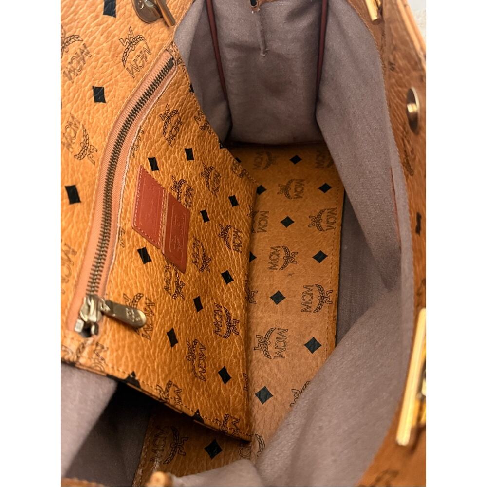 MCM Visetos Cognac Shoulder Bag Gold Chain Strap Medium Tote - Picture 11 of 16